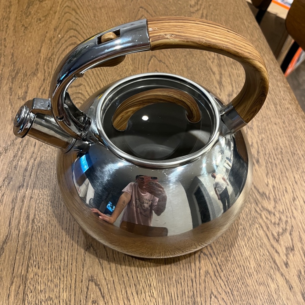 Polished Stainless Steel Kettle with Wooden Handle
